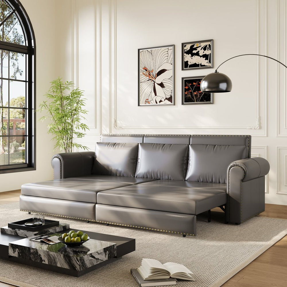 English Elm Chesterfield Velvet King Sleeper Sofa with Nailhead Trim and Rolled Arms for Living Room Grey W1885S00363
