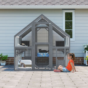 English Elm Cat, Cat Outdoor Wooden Enclosure with Seven Platforms Resting Boxes and Waterproof Canopy W1598S00040