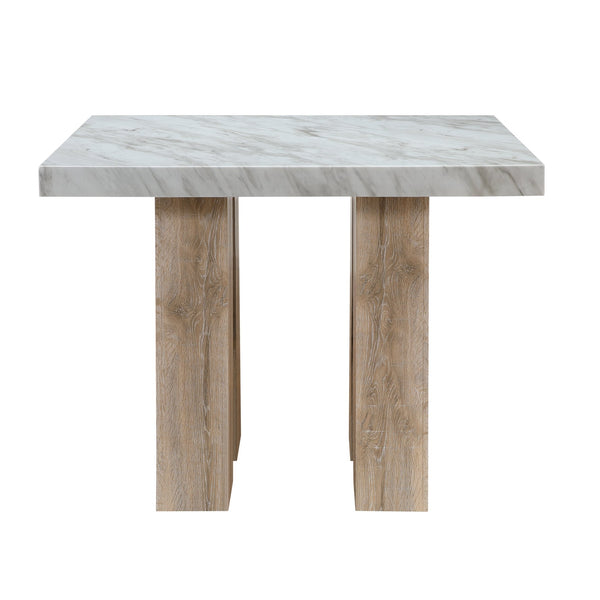 English Elm MIKHA Natural Bar Table with Faux Marble Top, Solid Rubberwood Pedestal Base & Silver Connector Finish B201S00351