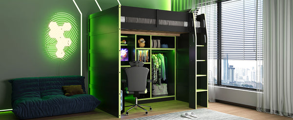 English Elm Full Size Loft Bed with Rgb Lighting Desk Open Wardrobe and Storage for Gaming Rooms Green LT000277AAG
