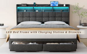 English Elm King LED Linen Platform Bed with Headboard Storage, 2 Drawers, Fast Charging & Mood Lights W1550P190363
