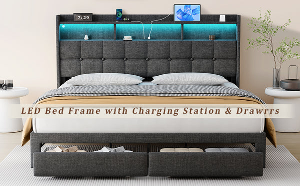 English Elm King LED Linen Platform Bed with Headboard Storage, 2 Drawers, Fast Charging & Mood Lights W1550P190363