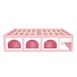 English Elm Queen Storage Platform Bed with Led Lighting Bookshelf Display Cabinet and Pull-out Drawer Pink+White N820S00078H