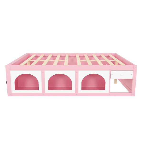 English Elm Queen Storage Platform Bed with Led Lighting Bookshelf Display Cabinet and Pull-out Drawer Pink+White N820S00078H
