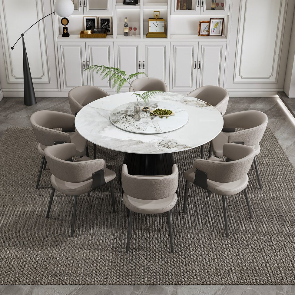 English Elm 59" Round 9-Piece Dining Set - Elegant Faux Marble Table With Rotating Tray & 8 Luxe Pu Leather Chairs W2700S00037