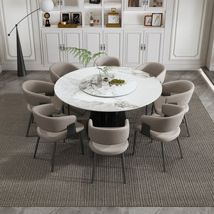 English Elm 59" Round 9-Piece Dining Set - Elegant Faux Marble Table With Rotating Tray & 8 Luxe Pu Leather Chairs W2700S00037