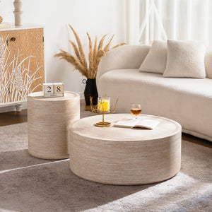 English Elm Round Amber Marble Texture Drum Side Table Compact Mdf Accent for Bedroom or Living Room W3081P255159