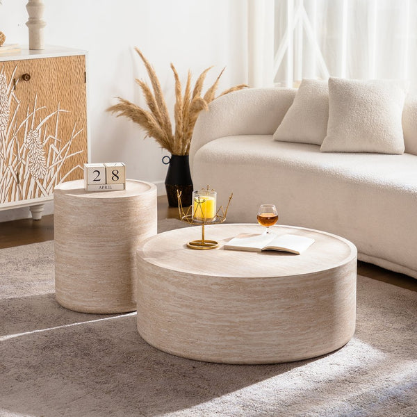 English Elm Round Amber Marble Texture Drum Side Table Compact Mdf Accent for Bedroom or Living Room W3081P255159