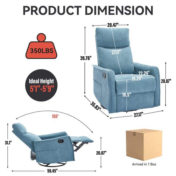 English Elm Heat Massage Rocker Recliner with Swivel Base and Vibrating Nodes for Living Room Blue W1803P251883