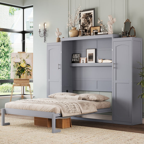 English Elm Full Full Size Murphy Bed with Two Wardrobes and Foldable Platform, Space-Saving Modern Guest Solution Gray 84.9 L x 12 W x 7 H N733S235596E