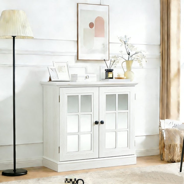 English Elm Storage Sideboard with Mirrored Acrylic Doors and Wood Grain Mdf Finish for Compact Rooms White W2899P372747