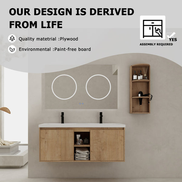 English Elm 48" Wall-Mounted Bathroom Vanity With Double Sink, Soft-Close Doors & Storage Rack For Modern Homes W999S00346