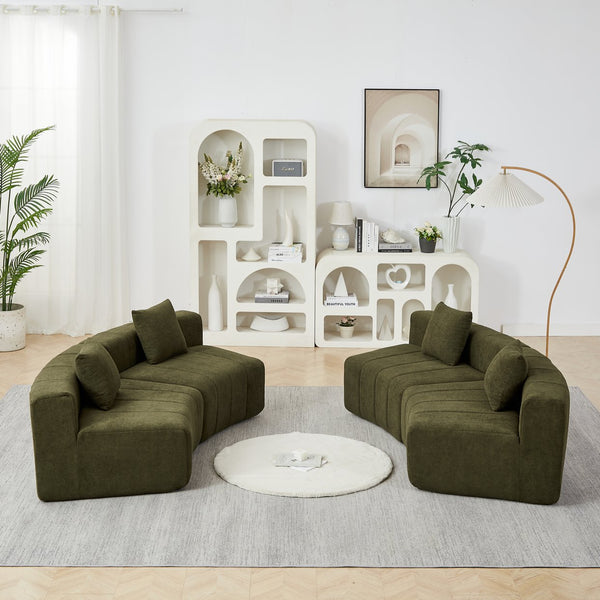 English Elm Two Curved Chenille Sectional Sofa with Sculptural Modular Design and Four Throw Pillows Green W834S00577