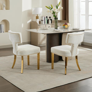 English Elm Mid Mid Century Modern Dining Chair Set with Curved Copper-Nail Backrest, High-Density Foam Seat, Brushed Stainless Legs Beige W1143P314902