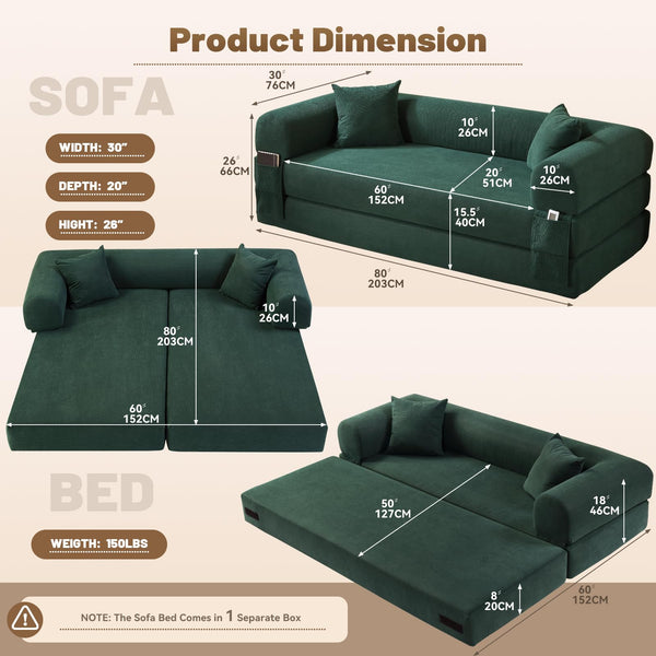 English Elm Convertible Corduroy Sleeper Sofa Queen Fold Out Bed with Dual Storage Pockets Dark Green W3396P483180