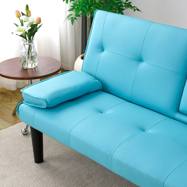 English Elm The 67-inch PVC multi-functional sofa bed with cup holder and one-click fold, space-saving comfort for guests Blue W3371P347652