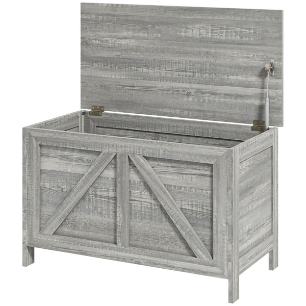 English Elm HOMCOM Farmhouse Storage Chest with Safety Gas Strut, 30" Lift-Top Blanket Trunk for Entryway Light Gray W2225P217730