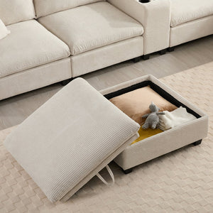 English Elm 139'' U-shaped Corduroy Sectional with Ottoman Console Usb Port and Cup Holders for Living Beige N723S1166A