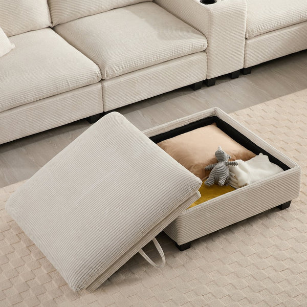 English Elm 139'' U-shaped Corduroy Sectional with Ottoman Console Usb Port and Cup Holders for Living Beige N723S1166A