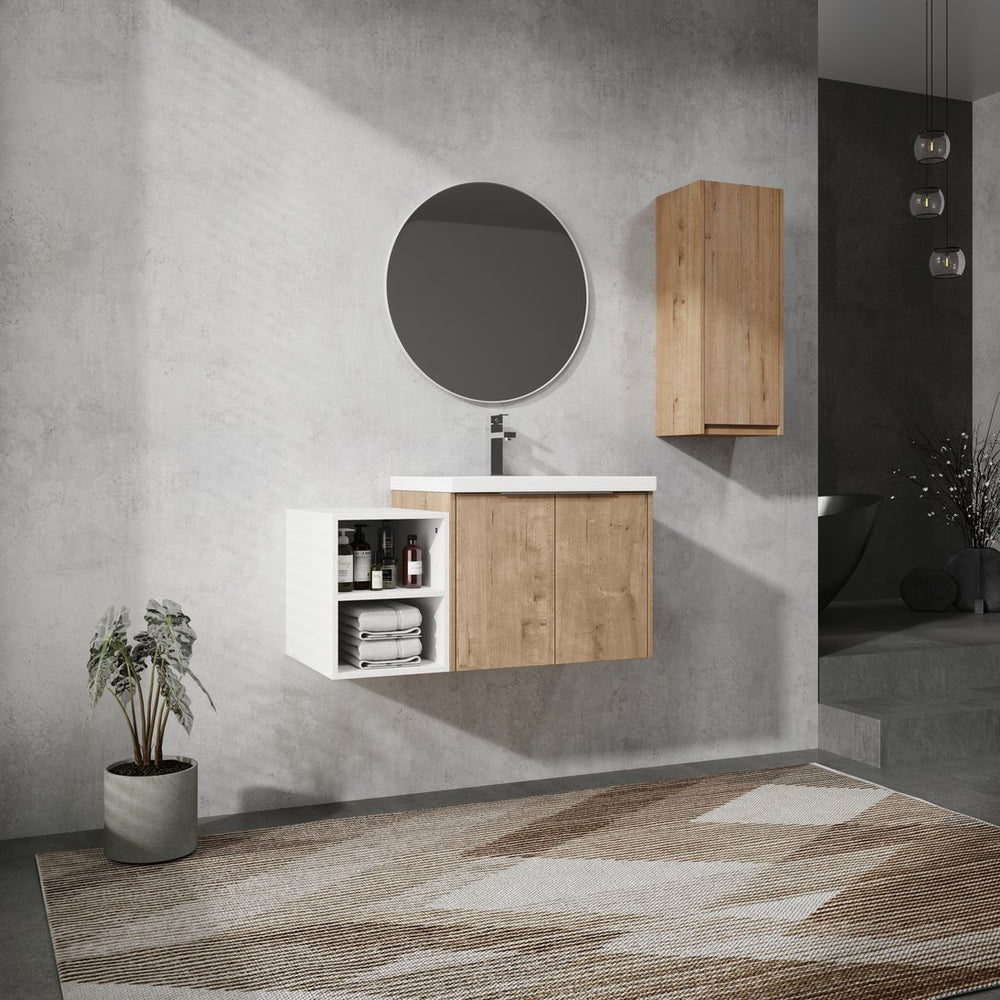English Elm 36" Wall-Mounted Bathroom Vanity With Resin Sink & Side Cabinet - Modern Storage, Soft-Close Design W999S00224