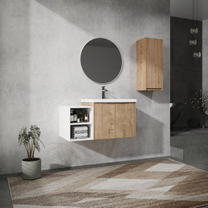 English Elm 36" Wall-Mounted Bathroom Vanity With Resin Sink & Side Cabinet - Modern Storage, Soft-Close Design W999S00224