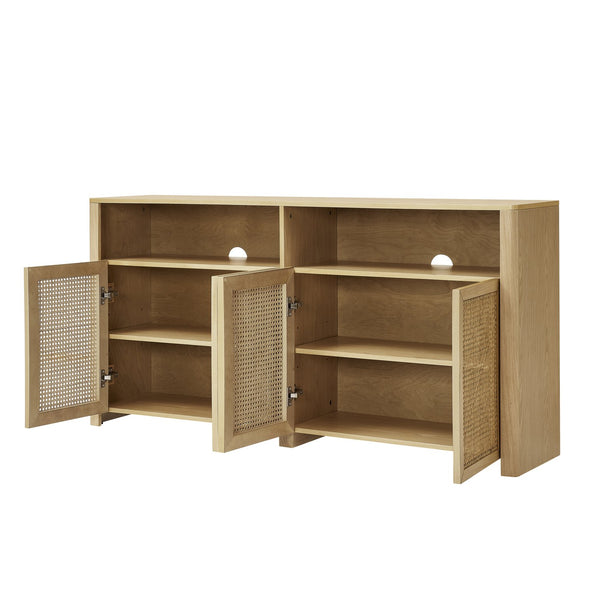 English Elm 63" Mid Century Modern Rattan Sideboard Buffet Cabinet with Adjustable Shelves, Durable Craftsmanship and Outlet Access for Living Room Storage and TV Console Natural W1801P371656