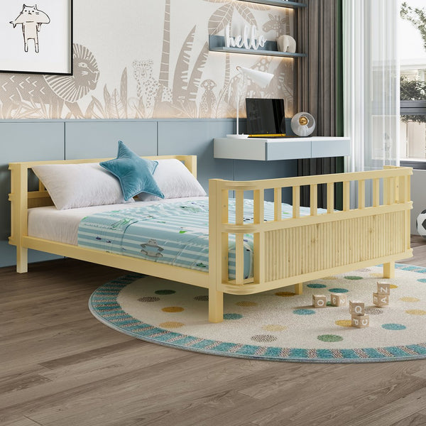 English Elm Children's Low Platform Bed Full Size Iron Wood Frame with Safety Railings for Kids W1858P390002