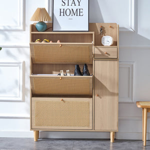 English Elm Modern minimalist wood rattan shoe cabinet with vine design – compact MDF storage for halls, living rooms W1512P360384
