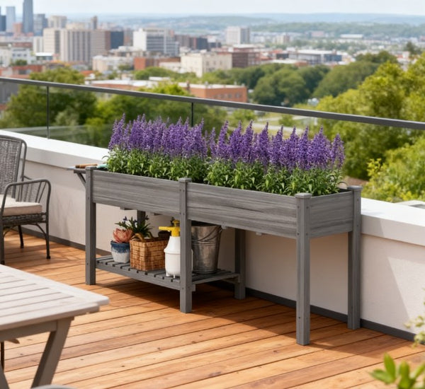 English Elm Elevated Fir Wood Raised Planter with Foldable Side Table and Bottom Storage Shelf T3971P423040