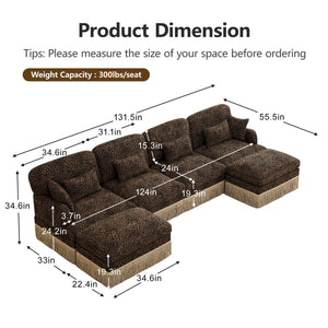 English Elm 131"comfy Chenille Leopard Print U-shaped Sectional with Tassel Trim and Modular Ottomans Brown W5656S00018