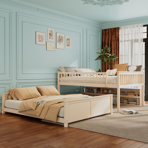 English Elm Full Xl Over Queen Bunk Bed Pinewood Frame with Led Lights Shelving Pegboard Beige LT000279AAA