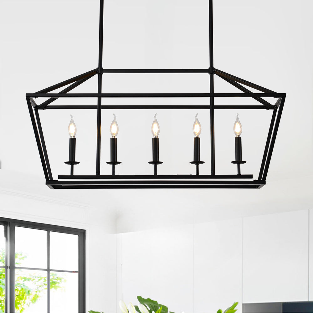 English Elm 5-light Industrial Farmhouse Chandelier Matte Black Metal Linear Pendant for Kitchen Island W5008P465021