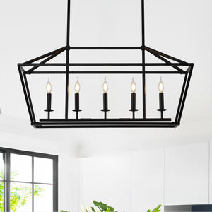 English Elm 5-light Industrial Farmhouse Chandelier Matte Black Metal Linear Pendant for Kitchen Island W5008P465021