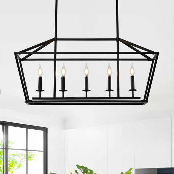 English Elm 5-light Industrial Farmhouse Chandelier Matte Black Metal Linear Pendant for Kitchen Island W5008P465021