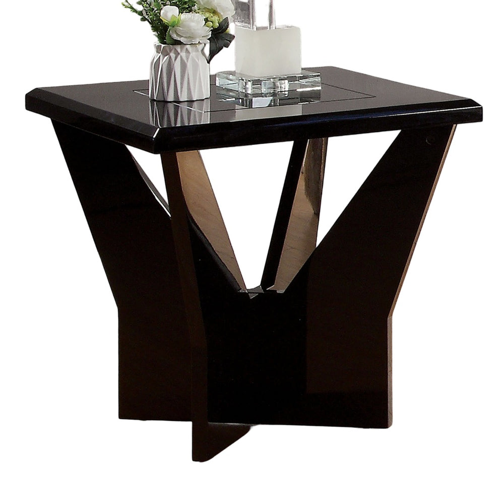 English Elm Contemporary High Gloss End Table with Black Tempered Glass & Geometric Metal Base, Modern Accent Piece B2741P360139