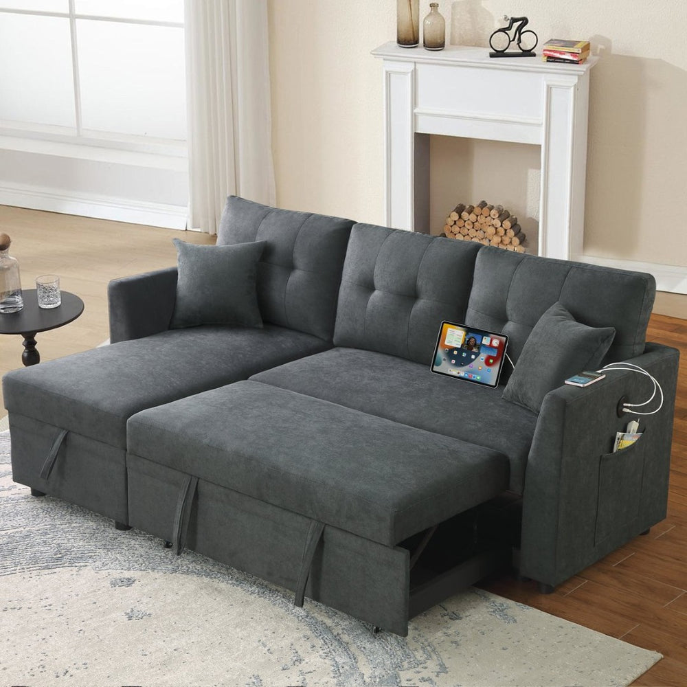 English Elm Sectional Sofa Bed - L-Shaped Velvet Couch With Usb Port, Reversible Sleeper & Storage Chaise, Gray B205S00012-GIGA