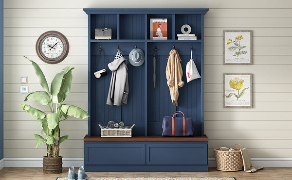 English Elm Rattan Door Hall Tree Bench with 6 Hooks Farmhouse Entryway Storage Blue N721S000076C