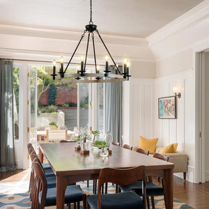 English Elm 32" Rustic Farmhouse 10-Light Chandelier in Matte Black & White Oak, Round Iron Wood Hanging Fixture W1340P221222