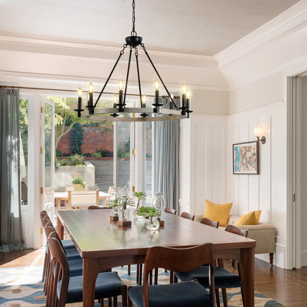 English Elm 32" Rustic Farmhouse 10-Light Chandelier in Matte Black & White Oak, Round Iron Wood Hanging Fixture W1340P221222