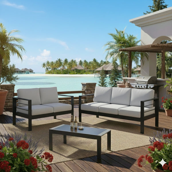 English Elm 3-piece Outdoor Aluminum Conversation Set with Deep Cushions and Wpc Coffee Table Light Gray B082S00099