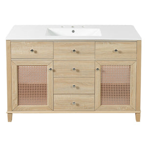 English Elm 48-inch Rattan Bathroom Vanity Solid Wood Frame Five Drawers Ceramic Sink Coastal Boho N765P38884950E