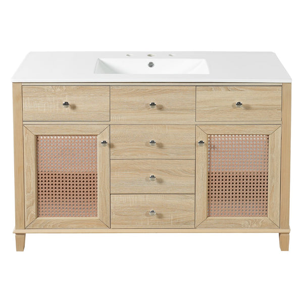 English Elm 48-inch Rattan Bathroom Vanity Solid Wood Frame Five Drawers Ceramic Sink Coastal Boho N765P38884950E