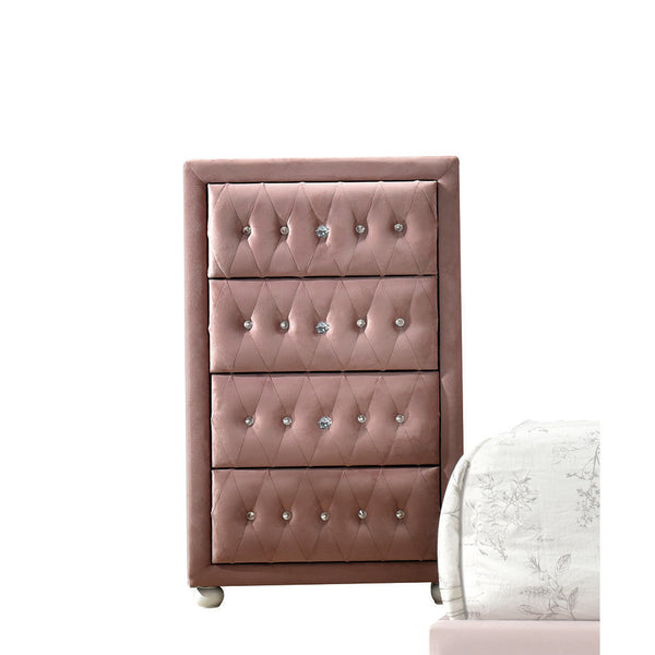 English Elm Reggie Pink Fabric Chest with Button Tufting, Wooden Bun Legs, Smooth Metal Glide Drawers B2726P263366
