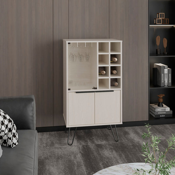 English Elm Aster Narrow 23" Double Door Bar Cabinet with 8-Bottle Wine Rack, 9 Stemware Slots, White Washed B200P235829