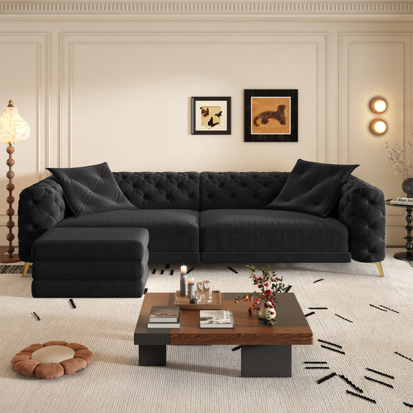 English Elm 97.6" Oversized Velvet Chesterfield Sleeper Sofa Floral Tufted Roll Arm Living Room Couch Black W1885S00410