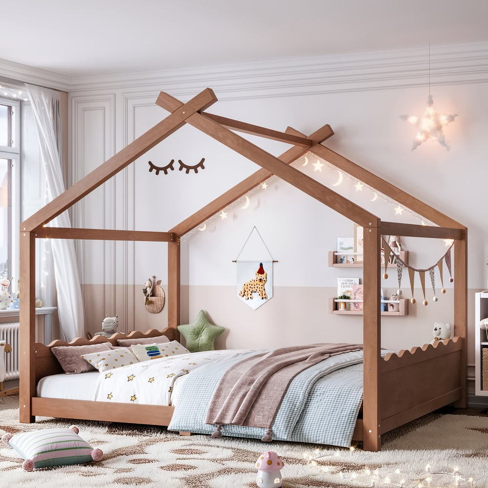 English Elm Queen House Shaped Floor Bed Solid Pine Frame Montessori Kids Bedroom No Box Spring W1580P438812
