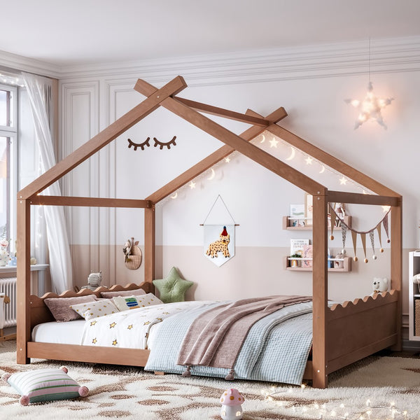 English Elm Queen House Shaped Floor Bed Solid Pine Frame Montessori Kids Bedroom No Box Spring W1580P438812