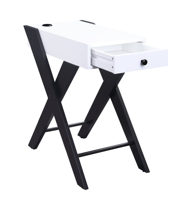 English Elm Fierce Modern White & Black Accent Table with Built-In USB, Pull-Out Drawer, Sleek X-Leg Design B2726P243282