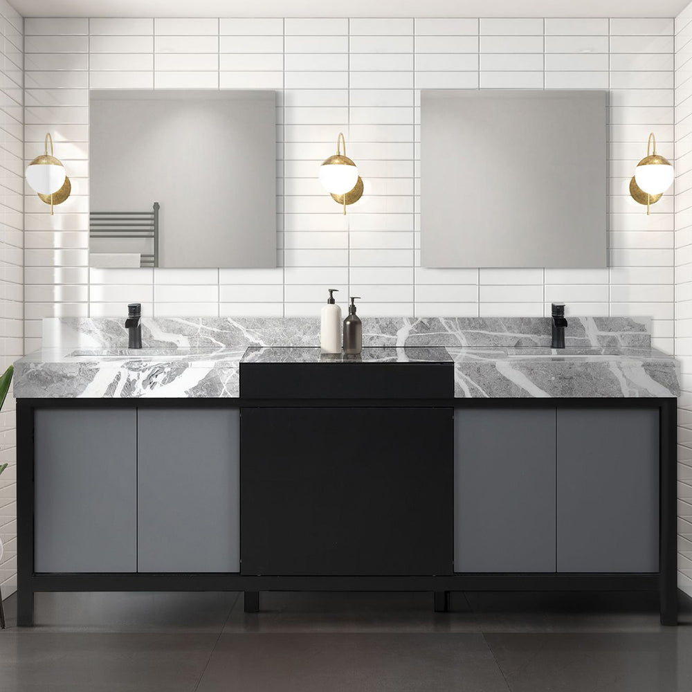 English Elm Black Double Bath Vanity 84" With Castle Grey Marble Top & Matte Black Faucet - Stylish Storage Solution B2731P261131