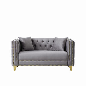 English Elm 58"Chesterfield Velvet Sofa Elegant Tufted 2-Seater Deep Seat with Nailhead Trim Solid Wood Frame Grey W3373S00029